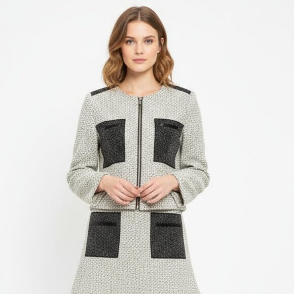 Ann Taylor Gray Gray Woven Collarless Parchwork Jacket & Skirt Set NEW - Picture 12 of 13